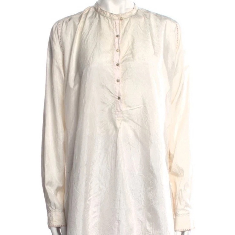 Injiri Silk Cream Long-Sleeve Tunic Blouse with Button Placket Size L
